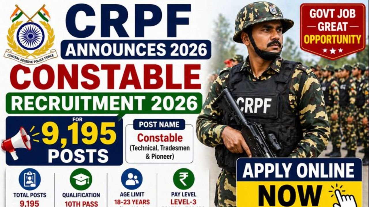 CRPF Announces 2026 Constable Recruitment for 9,195 Posts, Apply Online Now